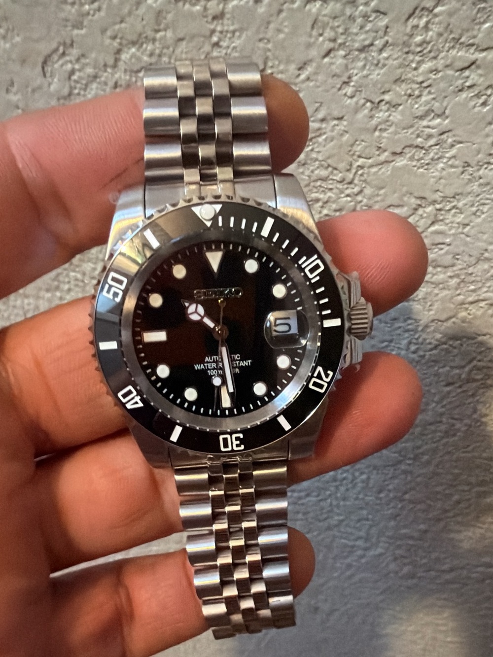 Custom Seiko Black Automatic Date Mod Watch Sub Lume Silver Jubilee Steel